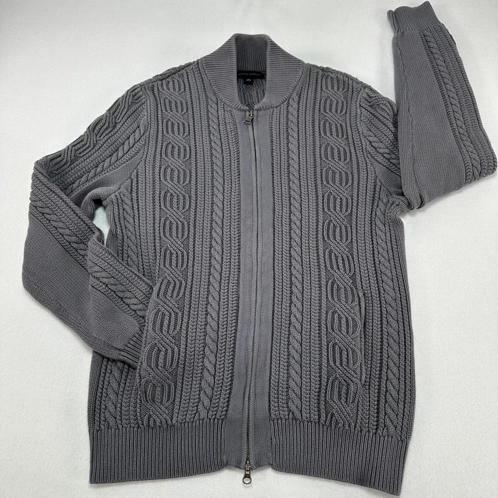 Banana Republic Sweater Mens Large Gray Full Zip Cable Knit Cotton Prep College